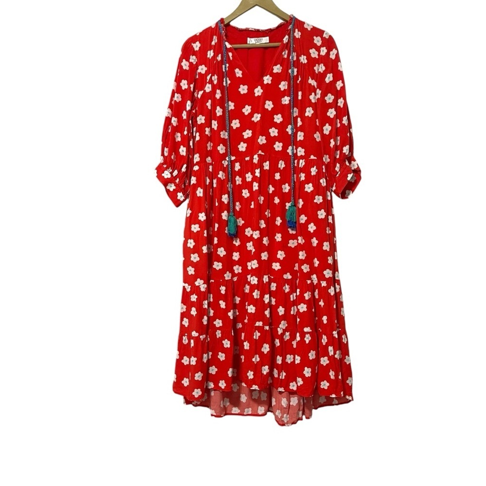 Crosby by Mollie Burch Red White Floral Tassel Midi Dress Size Small Puff Sleeve